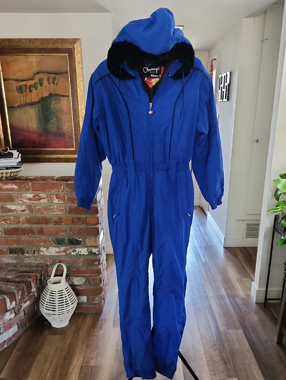 Obermeyer Vintage Ski Suit One Piece Snow Jumpsuit Blue Faux Fur Hood Retro